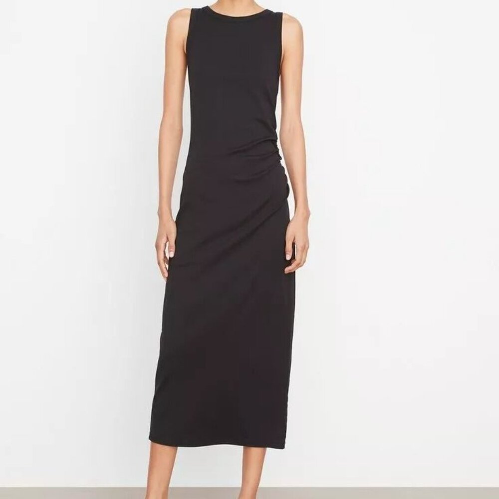 Vince Black Side Drape Tank  Ruched Midi Dress, Size Large